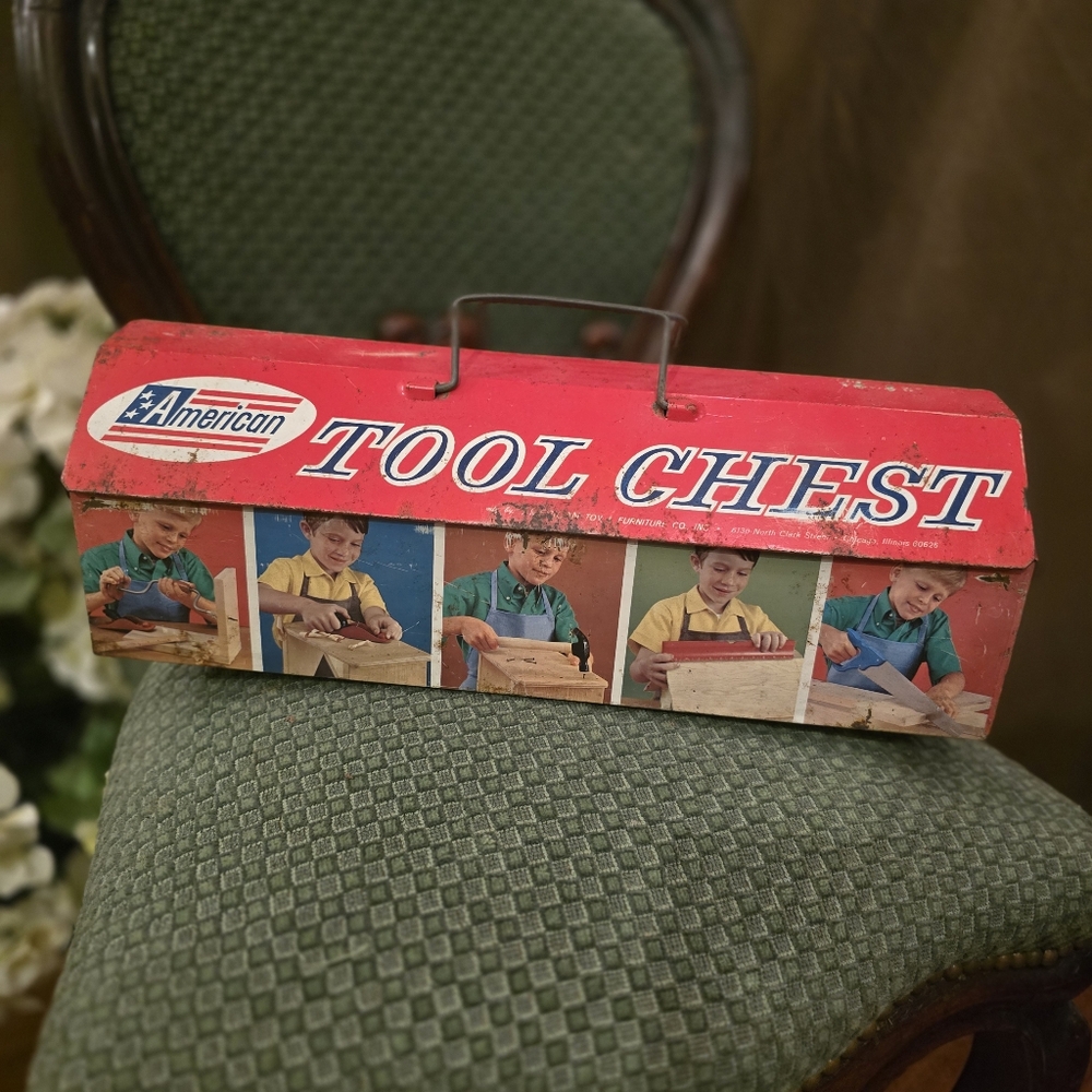 American Tool Chest Kids Tool Box Antique Hinged Lid Handles Vintage Boy Decor
